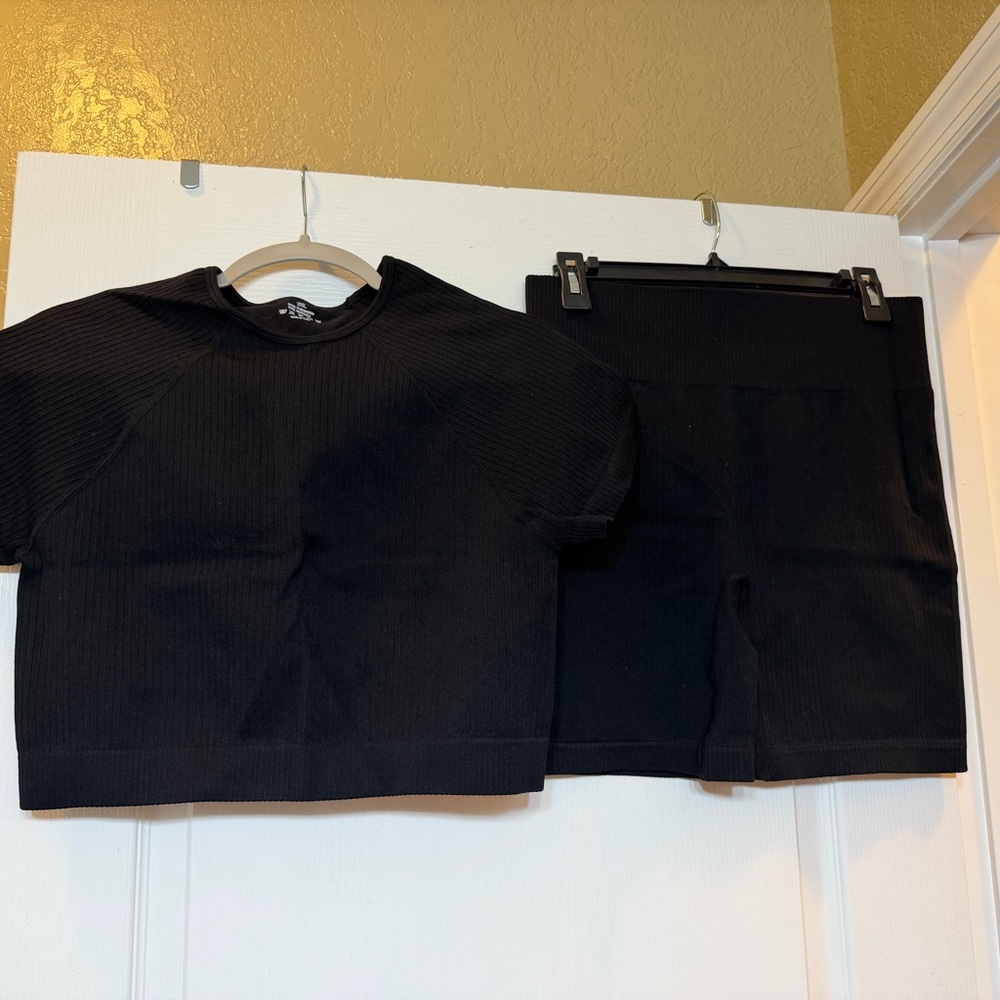 Black Ribbed Top and short Set